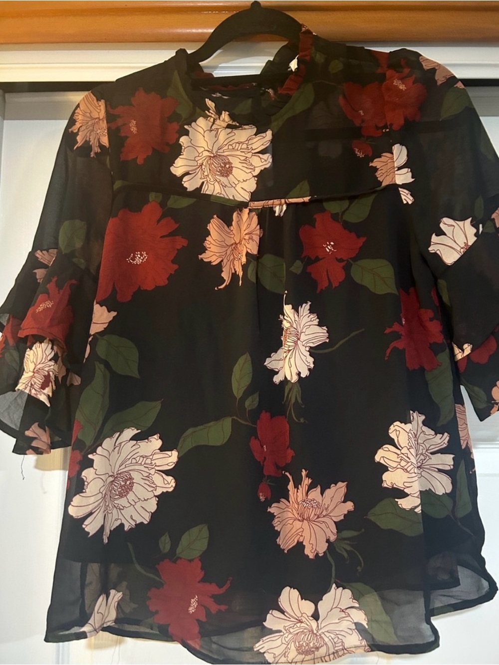 Floral Chiffon Ruffle Sleeve Blouse - Black with Red & Cream Flowers